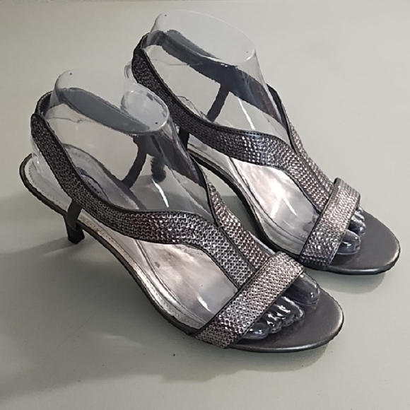 Silver Sequined Strappy Kitten Heel Sandals - Picture 1 of 12